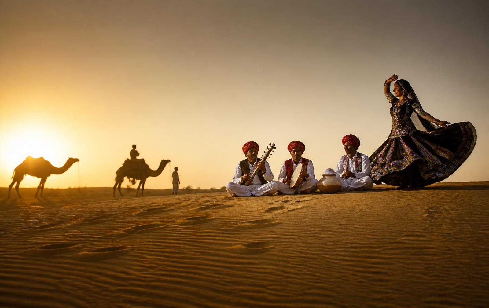 Dunes and desert landscape in Rajasthan at golden hour
